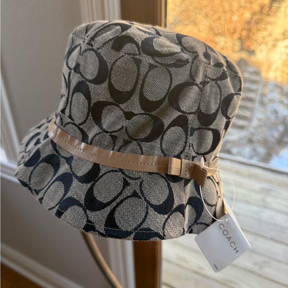 Coach Signature Crusher Bucket Hat Khaki Black Leather Trim CH-8469 P/S NEW